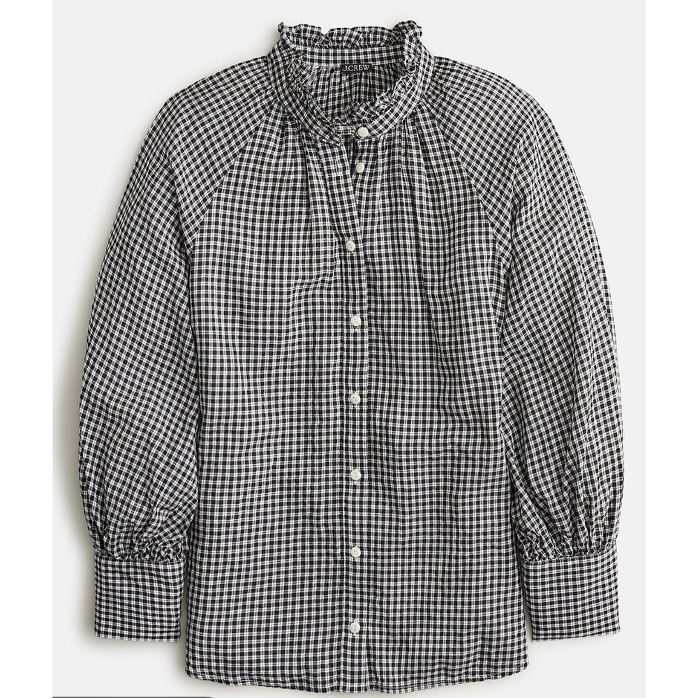 J. Crew Sz 10 Ruffleneck Black Plaid Blouse Cotton Viscose Gauze Button Up Top